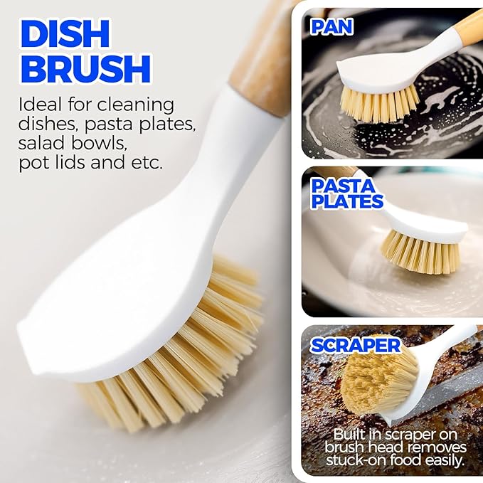 Holikme 6 Pack Dish Brush Scouring Pad Set with Bottle Brush, Dish Brush, Palm Scrub Brush and Straw Brush, Dish Scrubber Long Handle for Dish Bottle Cup Skillet Wok Pot Pan Cast Iron, Yellow - Image 3