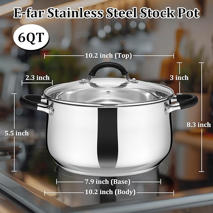 E-far 6 QT Stainless Steel Pot, Stock Cooking Pot with Visible Lid for Simmering Soup Pasta, Tri-Ply Thick Base for Induction Gas, Dual Silicone Handles for Heat Proof, Non-Toxic & Dishwasher Safe - Image 3