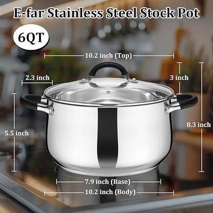 E-far 6 QT Stainless Steel Pot, Stock Cooking Pot with Visible Lid for Simmering Soup Pasta, Tri-Ply Thick Base for Induction Gas, Dual Silicone Handles for Heat Proof, Non-Toxic & Dishwasher Safe - Image 3