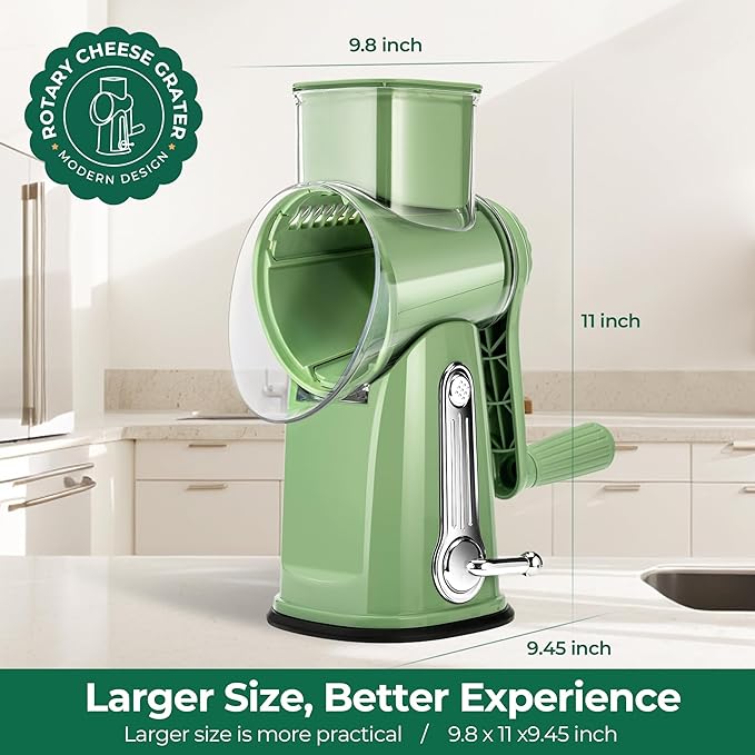 SUSTEAS Rotary Cheese Grater with Handle - Vegetable Shredder with 5 Well-designed Blades & Strong Suction Base,Round Mandoline Slicer & Food Chopper for Kitchen,with Blade Storage Box(Retro Green) - Image 7