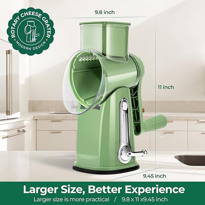 SUSTEAS Rotary Cheese Grater with Handle - Vegetable Shredder with 5 Well-designed Blades & Strong Suction Base,Round Mandoline Slicer & Food Chopper for Kitchen,with Blade Storage Box(Retro Green) - Image 7