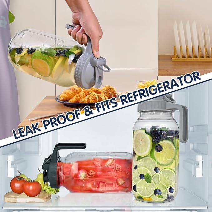 3 Packs 64OZ Glass Pitcher with Lid, Wide Mouth Mason Jar Water Jug, Leak-Proof Airtight Mason Jar for Cold Brew Coffee, Iced tea, Milk, Food Storage, Sun Tea - Image 3