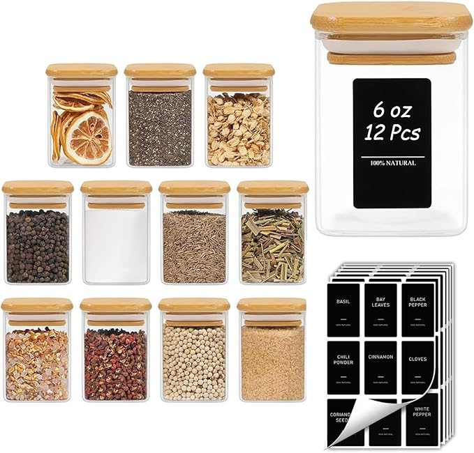 ComSaf Spice Jars with Labels 6 oz 12Pack, Small Spice Containers Starter Set, Glass Seasoning Jars with Lids, Square Seasoning Containers for Salt, Pepper, Chili Powder, Sugar, Ginger Ground, Cumin by ComSaf