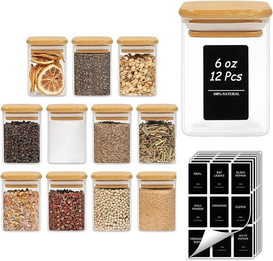 ComSaf Spice Jars with Labels 6 oz 12Pack, Small Spice Containers Starter Set, Glass Seasoning Jars with Lids, Square Seasoning Containers for Salt, Pepper, Chili Powder, Sugar, Ginger Ground, Cumin by ComSaf