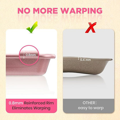 Professional Non-Stick Baking Sheets Set, 3-Piece Heavy Duty Carbon Steel Cookie Sheets with Oven Safe & Even Heating for Baking, Roasting, Cooking (Pink)