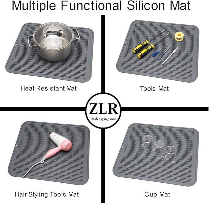 ZLR 2 Pcs Large Silicone Dish Drying Mat (16" x 18") - XL Heavy Duty Drainboard Mat for Pots, Pans & Family Loads - Heat Resistant Trivet & Counter Protector, Easy Clean (Dark Gray) - Image 5