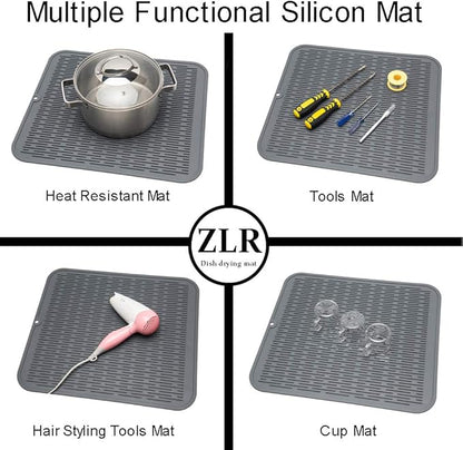ZLR 2 Pcs Large Silicone Dish Drying Mat (16" x 18") - XL Heavy Duty Drainboard Mat for Pots, Pans & Family Loads - Heat Resistant Trivet & Counter Protector, Easy Clean (Dark Gray) - Image 5
