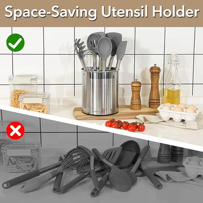 Hillbond 7.5x6.9 Inch EXTRA LARGE Utensil Holder for Countertop, Stainless Steel Rotating Organizer with Removable Divider, Space-Saving for Large Kitchen Utensils Set & Spacious Kitchens - Image 4