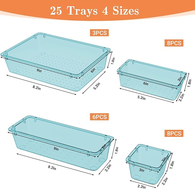 SpaceHacks 25 PCS Plastic Drawer Organizer Set, 4-Size Versatile Organizer Trays & Storage Bins for Makeup, Jewelry, and Gadgets in Bathroom, Bedroom and Office, Sea Blue - Image 2