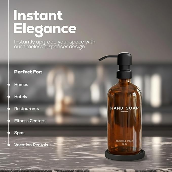 Amber Glass Hand Soap Dispenser Bathroom Set by Brighter Barns - Refillable Liquid Hand Soap Dispenser Tray and Pump Set for Kitchen - Modern Bathroom Decor & Accessories for Airbnb, RV, Hotel (Amber) - Image 2