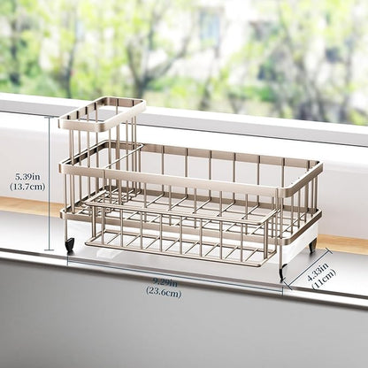 Consumest Sponge Holder for Kitchen Sink - Auto Draining Sink Caddy Organizer with Detachable Rack, High Brush Holder, Kitchen Countertop Storage Accessories, Sand Nickel - Image 6