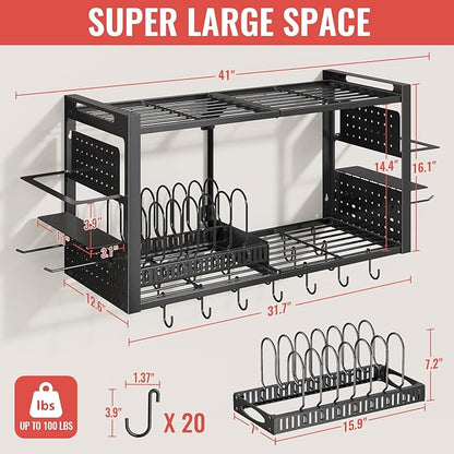 31 Inch Pot Rack Wall Mounted，3 in 1 Pots and Pans Organizer with 2 tier Kitchen Racks & Pot Lid Organizer Holder and 20 Hooks,Heavy Duty Hanging Pot Hanger for Kitchen Cookware, Utensils, Black - Image 2