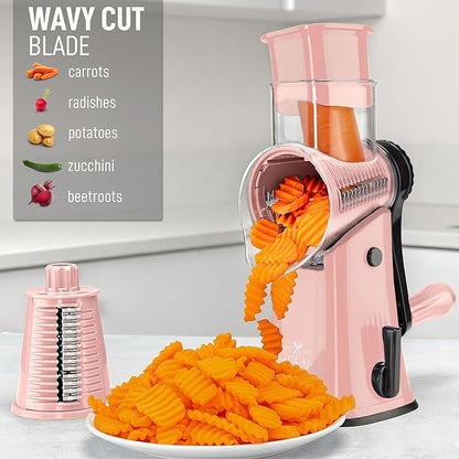 Zulay Kitchen Rotary Cheese Grater 5 Blade Cheese Shredder - Manual Hand Crank Cheese Grater With Reinforced Suction & 5 Interchangeable Drums - Easy to Use, Vegetable Chopper Round Mandoline Slicer - Image 4