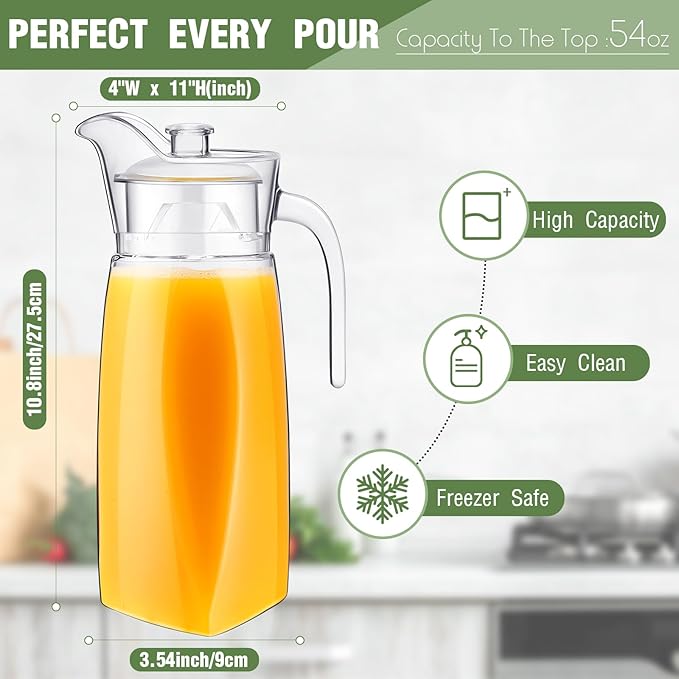 Didaey 4 Pcs Acrylic Water Pitcher with Lid, Spout Handle Clear Plastic Pitcher Heat Resistant Carafe Unbreakable Beverage Container Fridge Jug for Juice Ice Tea Sangria Lemonade(54 oz,Diamond)