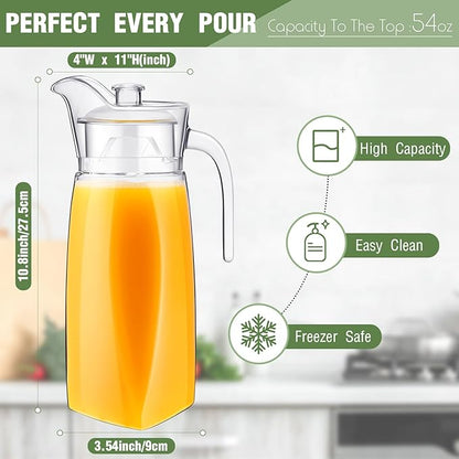 Didaey 4 Pcs Acrylic Water Pitcher with Lid, Spout Handle Clear Plastic Pitcher Heat Resistant Carafe Unbreakable Beverage Container Fridge Jug for Juice Ice Tea Sangria Lemonade(54 oz,Diamond)