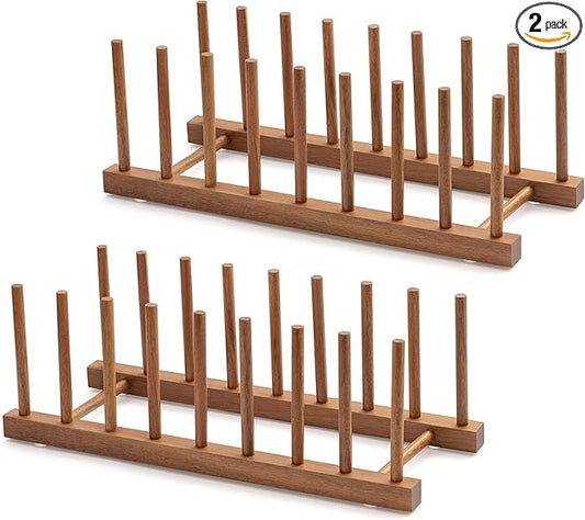 HBlife 2pcs Acacia Wooden Dish Dying Rack Pot Lid Plate Organizer Holder for Cabinet, Cutting Board Stand Drainer Storage Plate Rack for Dish, Pot Lid, Bowl, Cup, Cutting Board and Books by HBlife
