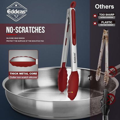 EDDEAS Tongs For Cooking - 7",9" and 12 inch Kitchen Tong with Silicone Tip,Heat Resistant 600 Degrees Metal Locking Tongs - for cooking,Salad and Barbecue,Red Set of 3 - Image 3