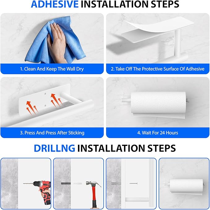 Paper Towel Holder Under Cabinet, Self-Adhesive,No Drilling, Stainless Steel, Wall-Mounted for Kitchen and Bathroom, Easy Install, Durable, Space-Saving, Ideal for Home, RV (White, 1 Pack) - Image 6