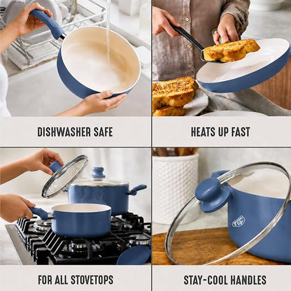 GreenLife 16-Piece Nonstick Cookware Set, Non-Toxic Ceramic Pots and Pans Set, Durable Healthy Kitchen Essentials, Fast Heating, Induction Ready, Easy Clean Dishwasher Safe, PFAS-Free, Slate Blue