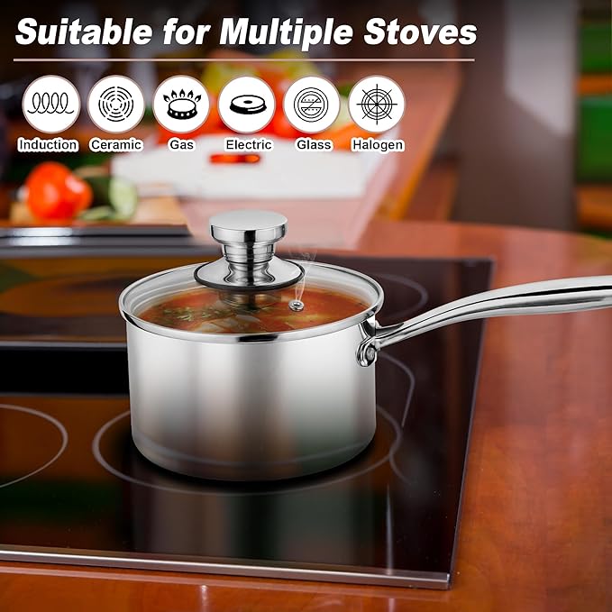 P&P CHEF 1 & 2 Quarts Tri-Ply Stockpot and Saucepan, Stainless Steel Sauce Pan with Lid, Cooking Induction Pot, Kitchen Cookware for All Stoves, Non-Toxic, Sturdy & Dishwasher Safe, 2 Pieces