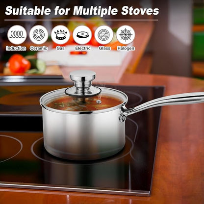 P&P CHEF 2 Quarts Tri-Ply Stockpot and Saucepan, Stainless Steel Sauce Pan with Lid, Cooking Induction Pot, Kitchen Cookware for All Stoves, Non-Toxic, Sturdy & Dishwasher Safe, 1 Piece
