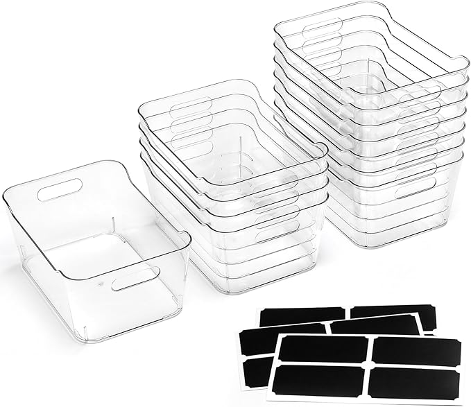 12 PACK Multi-Use Clear Plastic Storage Bins for Organizing w/Labels - Home, Kitchen, Pantry, Bathroom, Office, Cabinet Shelf Organizer Bins - SOHO Collection, RV, Fridge Organization Containers - L - Image 2