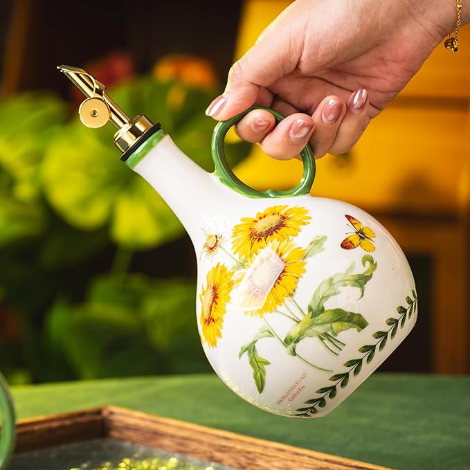 Ceramic Olive Oil Dispenser, 27 oz Floral Pattern Cruet with Auto-Close Spout, 9.45" Tall, Decorative Oil and Vinegar Bottle (sunflower)