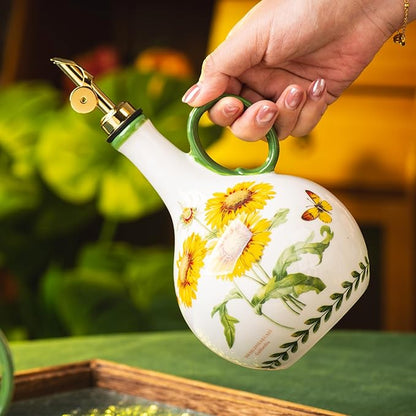 Ceramic Olive Oil Dispenser, 27 oz Floral Pattern Cruet with Auto-Close Spout, 9.45" Tall, Decorative Oil and Vinegar Bottle (sunflower)