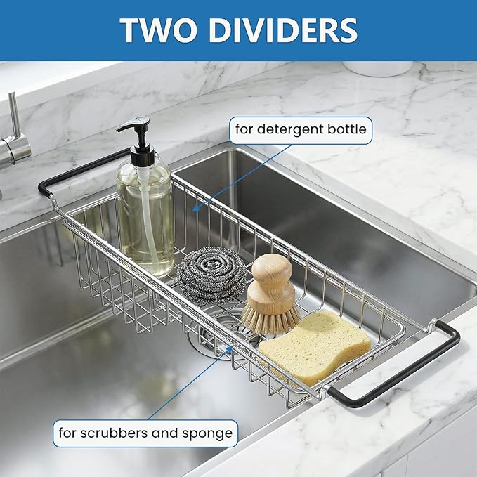 TreeLen Over The Kitchen Sink Caddy Sponge Holder Organizer Drying Rack Expandable for Sponge Brush Soap 13.8" to 20.8", Stainless Steel - Image 5