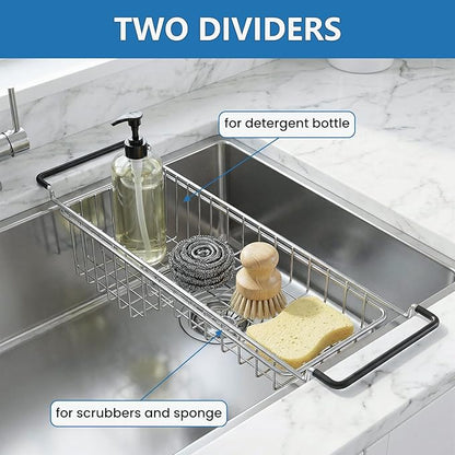TreeLen Over The Kitchen Sink Caddy Sponge Holder Organizer Drying Rack Expandable for Sponge Brush Soap 13.8" to 20.8", Stainless Steel - Image 5