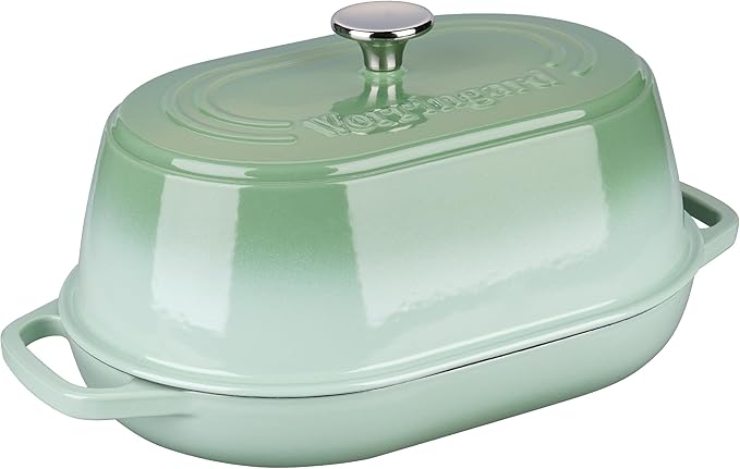 VORRINGARD Enameled Cast Iron Dutch Oven Pot with Dome Lid, Oval Bread Oven for Homemade Sourdough Bread Baking, Oven Safe up to 500°F, 6 Quart, Green