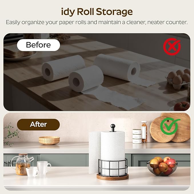YATINEY Paper Towel Holder, Kitchen Paper Towel Holder for Countertop, Paper Towel Stand with Wooden Base, Freestanding Kitchen Roll Holder, for Standard Size Rolls, Rustic Brown CJ05BR