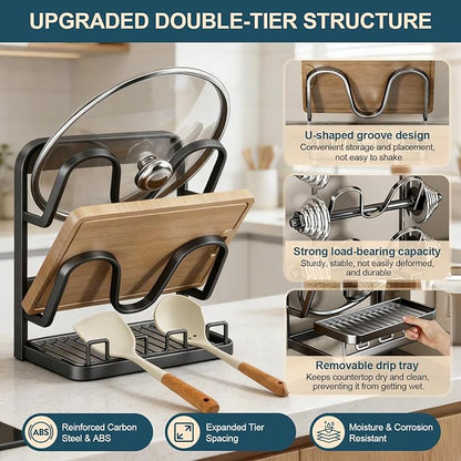 Kitchen Pot Lid Storage Rack: Carbon Steel Double-Layer Holder & Spoon Rest with Removable Drip Tray, Pot Cover Holder While Cooking, Pot Lid Organizer for Kitchen Counter Space Saving(Gray) - Image 4
