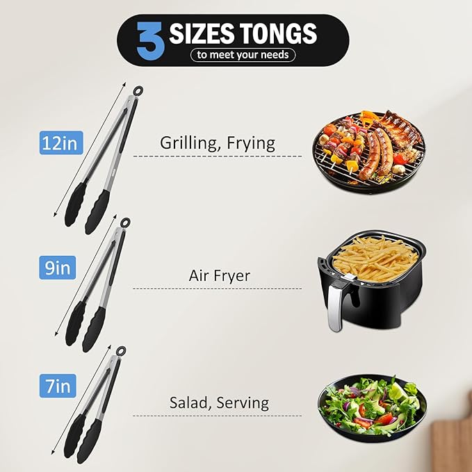 Kitchen Tongs, Stainless Steel Cooking Tongs with Silicone Tips, 600ºF High Heat-Resistant Non Scratch Locking Tongs for Cooking BBQ Grilling Air Fryer Pans, Set of 3 (7" 9" and 12") Black - Image 2