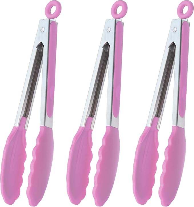 HINMAY Serving Tongs with Silicone Tips 9 Inches Stainless Steel Food Tongs, Set of 3 (Pink) by HINMAY