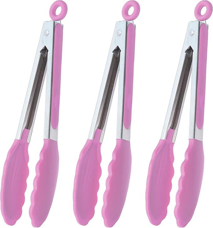 HINMAY Serving Tongs with Silicone Tips 9 Inches Stainless Steel Food Tongs, Set of 3 (Pink) by HINMAY