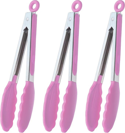 HINMAY Serving Tongs with Silicone Tips 9 Inches Stainless Steel Food Tongs, Set of 3 (Pink) by HINMAY