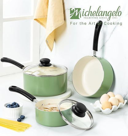 MICHELANGELO Nonstick Sauce Pan with Lid, Ceramic Saucepan Set, Non Toxic Small Saucepans Sets with Stay-Cool Handle, Induction Pots For Cooking, PTFE & PFOA Free - 1Qt & 2Qt & 3Qt, Green - Image 7