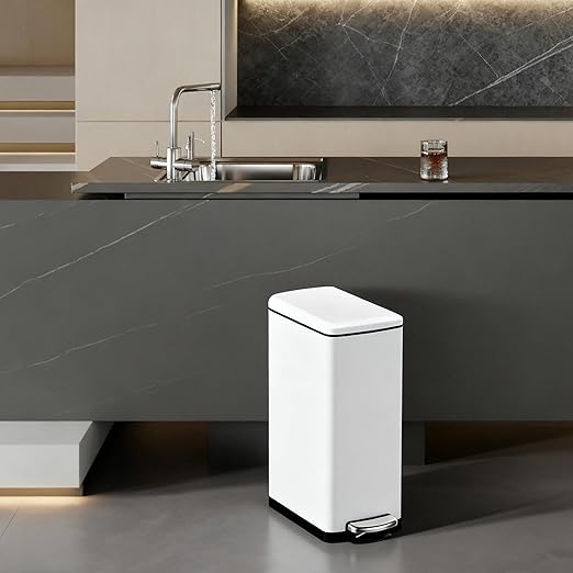 Garvee Slim Kitchen Trash Can 8 Gal, Skinny Stainless Steel Garbage Can with Removable Inner Bucket & Soft Close Lid, Narrow Trash Bin for Bathroom Living Room Office, White