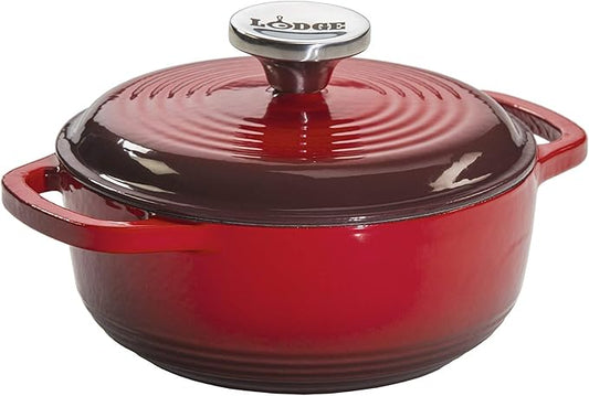 Lodge 1.5 Quart Enameled Cast Iron Dutch Oven with Lid – Dual Handles – Oven Safe up to 500° F or on Stovetop - Use to Marinate, Cook, Bake, Refrigerate and Serve – Red