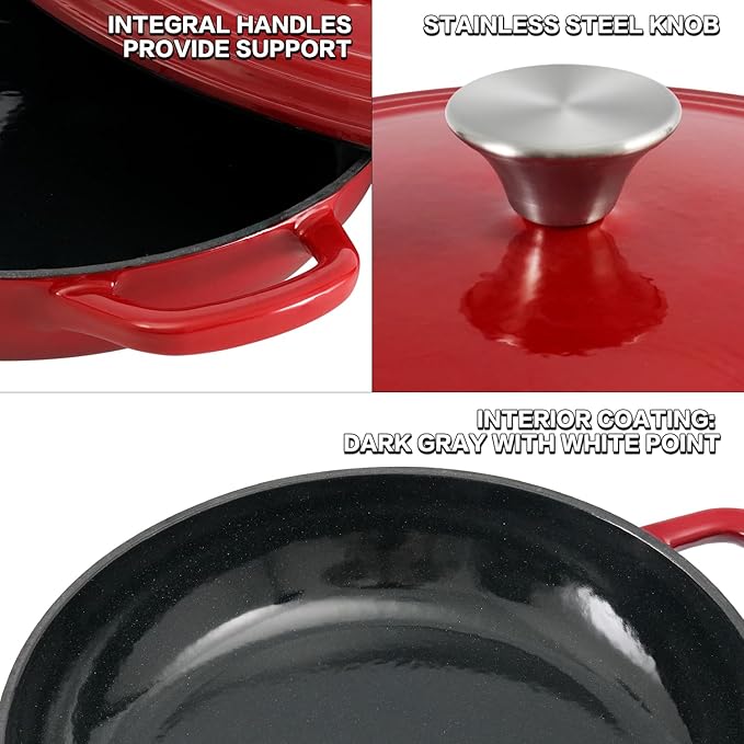 Flavehc Braiser Enameled Cast Iron Braiser 3 qt Braiser Pan with Lid Red Shallow Cast Iron Casserole Braiser Pan with Handels