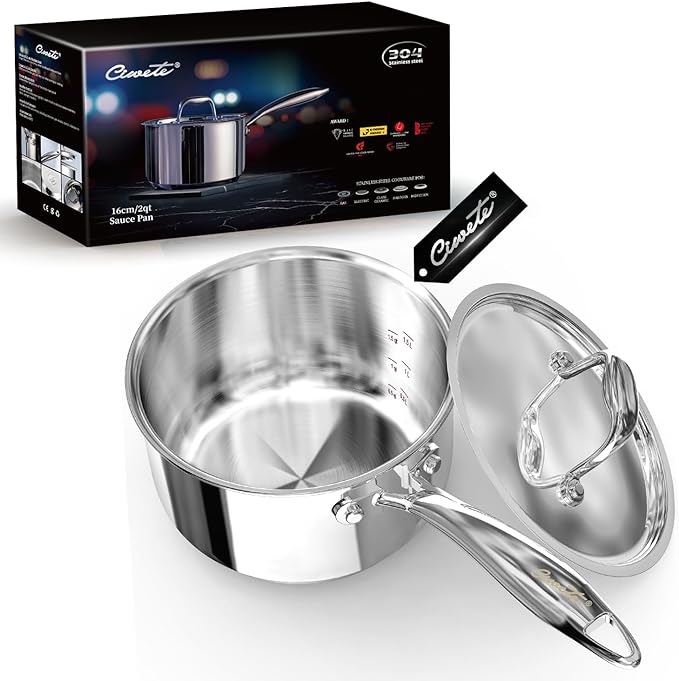 Ciwete 2 Quart Sauce Pan with Lid, Tri Ply Stainless Steel Saucepan 2 Qt with Stainless Steel Lid, 2 Measuring Lines, Upgraded Packaging, Cool Ergonomic Handle, Dishwasher & Oven Safe by Ciwete