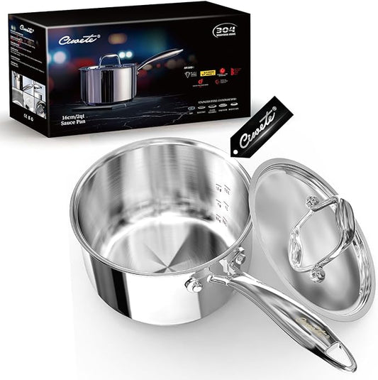 Ciwete 2 Quart Sauce Pan with Lid, Tri Ply Stainless Steel Saucepan 2 Qt with Stainless Steel Lid, 2 Measuring Lines, Upgraded Packaging, Cool Ergonomic Handle, Dishwasher & Oven Safe by Ciwete
