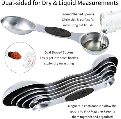 TILUCK magnetic measuring spoons set and measuring cups, stainless steel measuring cups, 6 double-sided stainless steel measuring spoons & 1 leveler (13) - Image 5