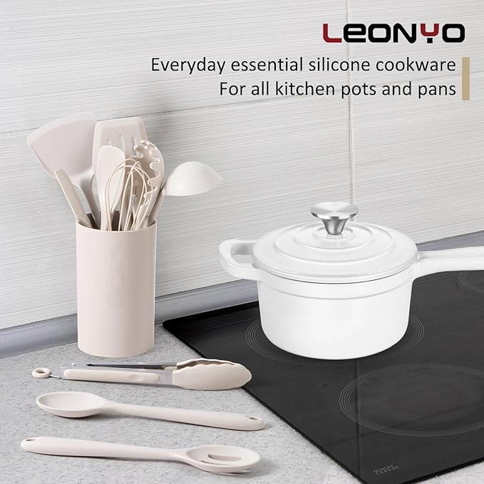 10 Pack Kitchen Utensils Set for Cooking, Leonyo Silicone Cooking Utensils Set, 446°F Heat Resistant Silicone Kitchen Tool with Turner Spatula, Soup Ladle, Serving Spoon for Nonstick Cookware - Khaki