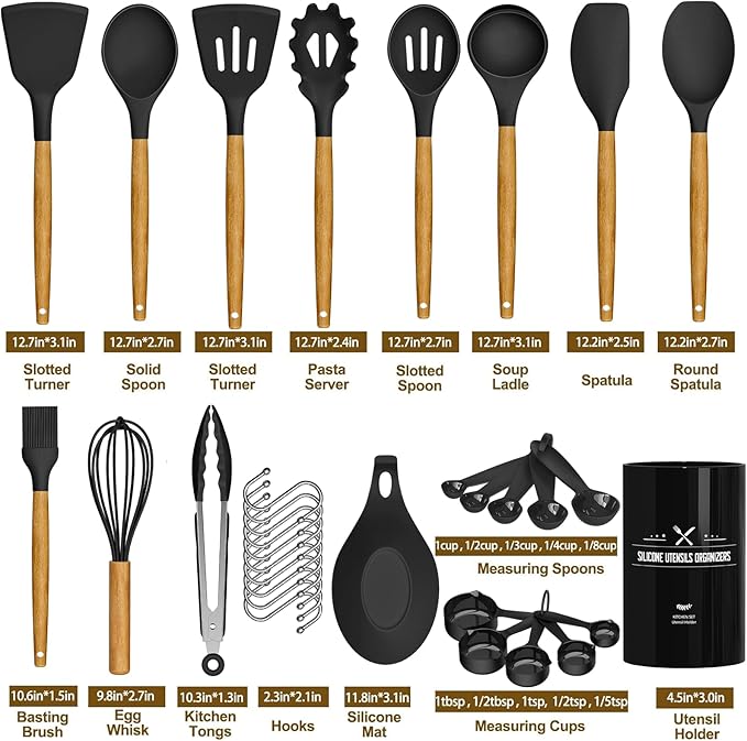 Umite Chef Kitchen Cooking Utensils Set, 33 pcs Non-Stick Silicone Cooking Kitchen Spatula Set with Holder, Wooden Handle Silicone Kitchen Gadgets Utensil Set (Black) - Image 4