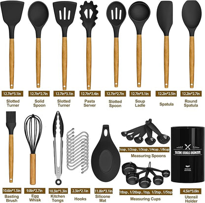 Umite Chef Kitchen Cooking Utensils Set, 33 pcs Non-Stick Silicone Cooking Kitchen Spatula Set with Holder, Wooden Handle Silicone Kitchen Gadgets Utensil Set (Black) - Image 4