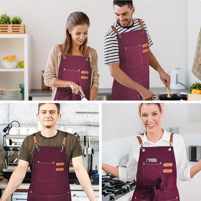 OUNLEN Chef Apron for Men Women Canvas Aprons with 3 Pockets Cross Back Resistant Work Apron for Cooking - Image 6