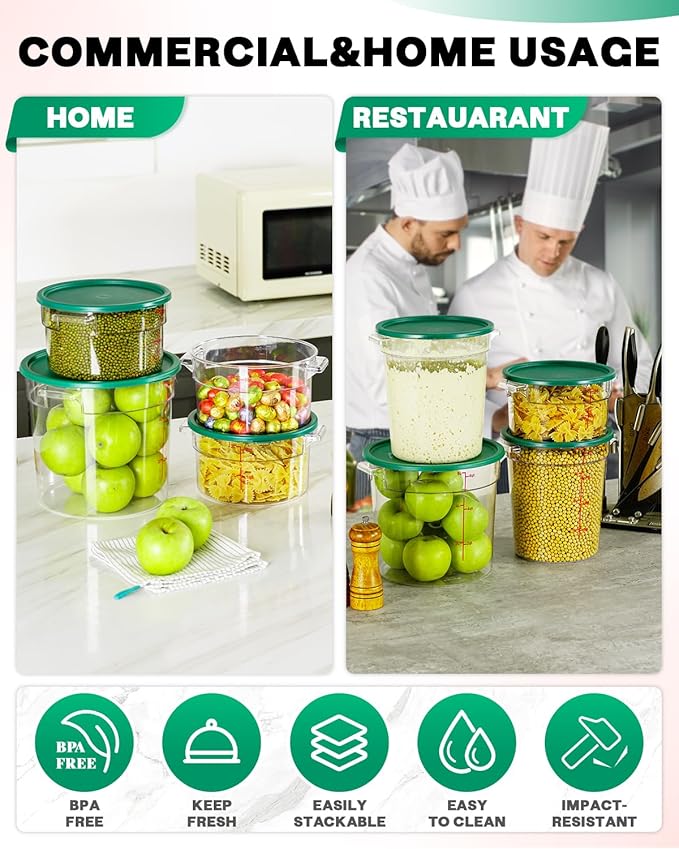 4QT NSF Round Food Storage Containers with Lids: 4 PCS [Total Food Grade][Hot&Cold Resistant] Dough Proofing Container for Pizza, Bread with Measuring Spoons Included(BPA FREE) (GREEN) - Image 8