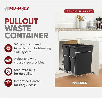 Rev-A-Shelf RV-18KD-18C S Double Pullout Trash Can for Kitchen Cabinets 35 Qt Garbage Recycling Bin on Full Extension Slides, Black